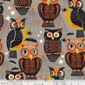 Retired SPOOKTACULAR Eve OWLS Cotton Quilting Fabric OOP Maude Asbury Blend Halloween Who's There Gray Black Orange Out of Print oop