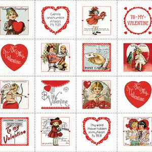 ALLES MEIN HERZ Valentin Panel 24 kleine Quadrate 23 "x 42" J. Wecker Frisch Vintage 1920's Valentinstag Quilt Blocks Quilting Stoff