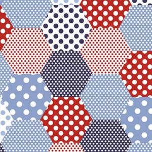 Może przedstawiać: Wzór patchwork z sześciokątnymi kształtami w kolorach czerwonym, białym i niebieskim. Każdy sześciokąt wypełniony jest kropkami o różnych rozmiarach i kolorach, tworząc żywy i zabawny wzór. Projekt przypomina kołdrę lub tkaninę.