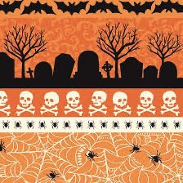 Retired SPOOKTACULAR EVE GRAVEYARD Stripe Cotton Quilt Fabric Maude Asbury Blend Halloween Skulls Spider Web Gray Black Out of Print