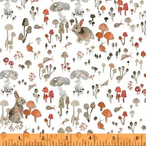 Retired ENCHANTED FOREST Betsy Olmsted Windham Cotton Quilting Fabric Out of Print oop Bunnies Mushroom Hideaway Bunny Rabbits White Gray
