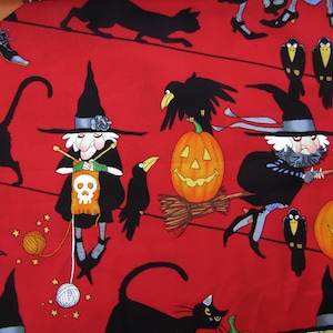 2006 LIFE'S A WITCH Tecido de Algodão para Acolchoamento de Mulher Bruxa de Tricô Alexander Henry Bruxas de Halloween em Arame Coruja Abóbora Vermelha Vida com oop