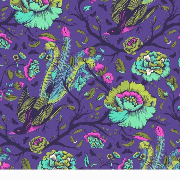 Retired Tula Pink TAIL FEATHERS Iris Fabric Cotton Quilting All Stars Periwinkle Purple Turquoise Blue Fuchsia Birds Floral Out of Print oop