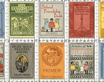 Vintage Old School Book Fabric Panel: Colorful Primers & Readers Quilt Blocks OOP