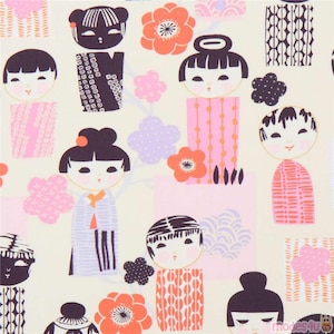 2 Half Yards Kiki Kokeshi and Kiki Ume Coordinates Fabric Alexander Henry Kokeshi Dolls Plum Blossoms Lavender Purple Orange Black OOP HTF
