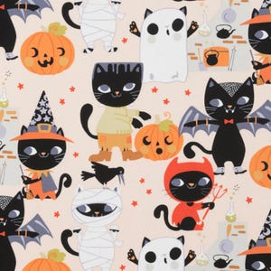 May include: A seamless pattern featuring black cats dressed in various Halloween costumes, including a witch, a mummy, a vampire, and a devil. The background is a light peach colour with orange pumpkins and white stars.