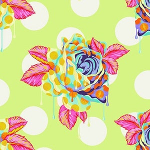 Tula Pink PAINTED ROSES Curiouser Alice in Wonderland Sugar Chartreuse Yellow Polka Dots Cotton Fabric