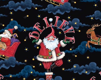 Mary Engelbreit Believe Christmas Cotton Quilt Fabric: Santa, Reindeer, Night Sky