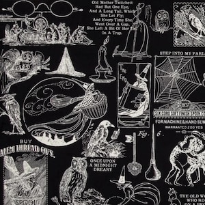 Retired SEW SCARY MOTIFS J Wecker Frisch Halloween Cotton Quilting Fabric Tidings of Great Joy Witch Owl Crow Black White Out of Print oop