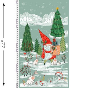 2023 ENCHANTED FOREST GNOME Christmas Fabric Panel 24" L x 44" W Cori Dantini  Red Green Quilt Block Snowy Winter Scene Rabbits