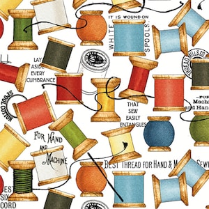 Thread Spool Fabric: She Who Sews, Vintage Sewing Theme White