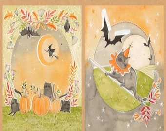2019 HAPPY HALLOWEENY Medium 4 Blocks Panel 12&quot; L x 42&quot; W Quilt Fabric Halloween Stories Cori Dantini Fall Autumn Pumpkin Bats Cats Witch