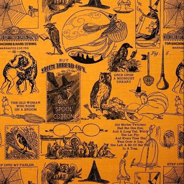 Retraité COUDRE MOTIFS EFFRAYANTS J Wecker Frisch Halloween Coton Matelassage Tissu Nouvelles de Grande Joie Sorcière Hibou Corbeau Orange Noir Épuisé oups