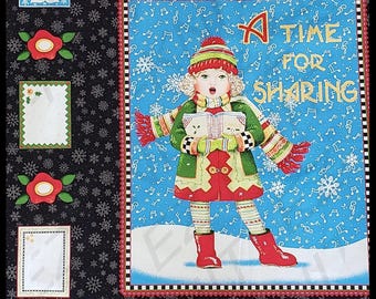 2008 THE CAROLER Mary Engelbreit Christmas Panel Quilt Pillow Block and Tags Cotton Fabric A Time for Sharing Blond Black Blue Snowflakes
