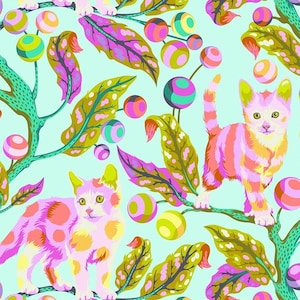 Tula Pink Disco Kitty Tabby Road Cotton Fabric: Technomint Aqua, Pink, Purple