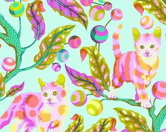 Tula Pink Disco Kitty Tabby Road Baumwollstoff: Technomint Aqua, Pink, Lila