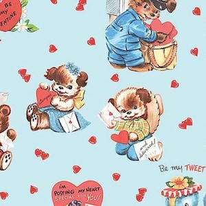 Tela de algodón para acolchado con letras de amor retiradas de Riley Blake Lindsay Wilkes Estilo vintage San Valentín Osos Pájaros azules Corazones Azul Agotado