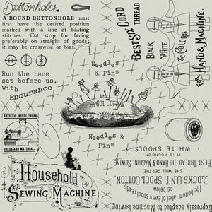 Vintage Text Sewing Theme Fabric: She Who Sews, Gray Black