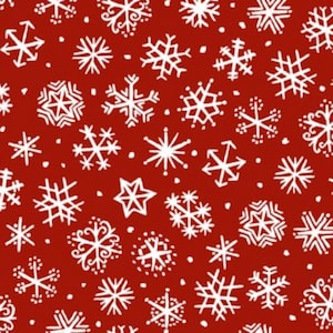 Julie Paschkis Nordischer Stoff: Winterweiße Schneeflocken auf Rot (Vergriffen)