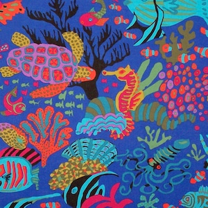 May include: A vibrant, patterned fabric featuring an underwater scene. The design includes a purple sea turtle, seahorses, fish, coral, and other marine life in shades of orange, pink, green, and blue. The background is a deep blue.