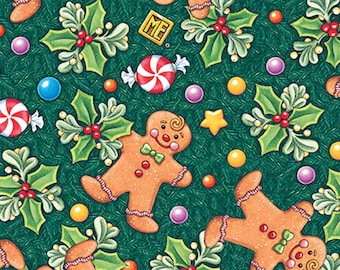 Mary Engelbreit kerstkatoen quiltstof: Snow Day Gingerbread Men Holly Peppermints