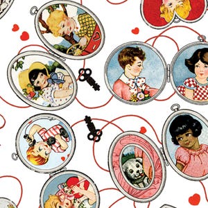 May include: A white background with a repeating pattern of oval-shaped locket charms. Each locket has a different image inside, including children, a puppy, and a heart. The lockets are connected by red string and have black keys.