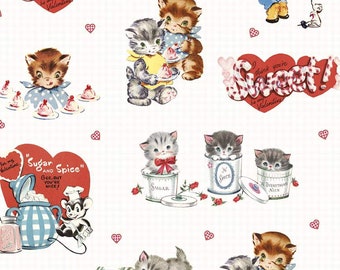 May include: White fabric with a repeating pattern of red hearts, red and white candy canes, and cartoon cats. The cats are wearing red and blue outfits and holding ice cream cones. The text "I think you're Sweet! Be my Valentine" is repeated throughout the fabric.