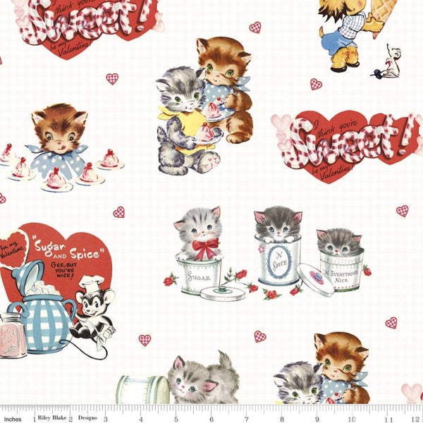 Valentine's Day SUGAR & SPICE Cotton Quilting Fabric White Gingham Retro Childrens Kids Kittens Dogs Bear Mouse Lindsay Wilkes Cottage Mama