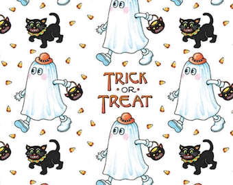 May include: A repeating pattern featuring cartoon ghosts in orange hats and black cats with green collars, carrying candy bags. The words "Trick or Treat" are in orange. Candy corn pieces are scattered on a white background.