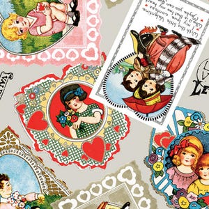 BE MINE VALENTINE Karten J. Wecker Frisch Vintage 1920's verstreut blassgrau grauer Quilt-Stoff oop