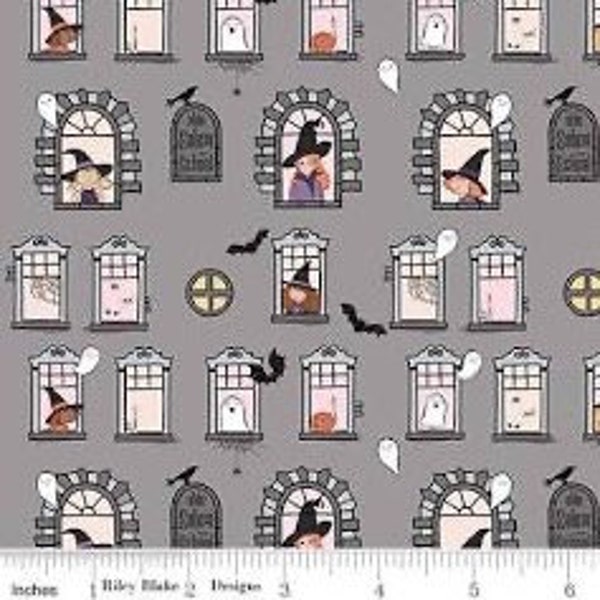 SPOOKY SCHOOLHOUSE Witch School Tiny Windows Halloween Cotton Quilt Fabric  Melissa Mortenson Witches Pumpkins Ghosts Crows Gray Pink Orange