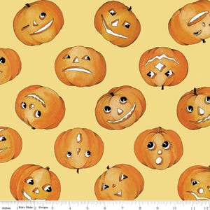 May include: A yellow background with a repeating pattern of orange jack-o'-lantern faces. The jack-o'-lanterns have different facial expressions, including smiling, frowning, and surprised.