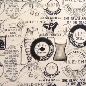 May include: A black and white vintage fabric pattern with a repeating design of a mermaid, a life preserver, a swimsuit, and various text elements. The text includes "Mile-End Pool Cotton", "Best Six Cord", "Grand", "Life Saved", "She Sews Sea By The Seas", and "Aquatic Exhibition".
