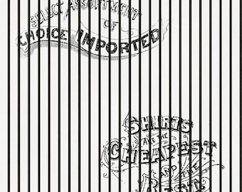 Black and White Stripe Cotton Fabric - Vintage Advertising Text