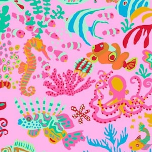 May include: A pink background with a colorful sea life pattern. The pattern includes seahorses, fish, coral, and an octopus. The colors are bright and vibrant, and the pattern is whimsical and fun.