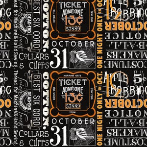 Halloween Fabric: Vintage Style Ticket Text, Orange & Black J. Wecker Frisch