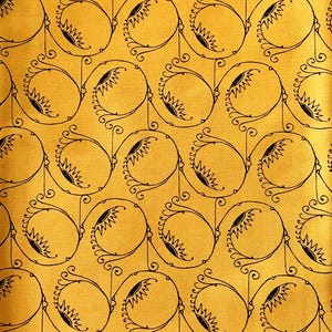 May include: A seamless pattern of stylized black sunbursts with swirls on a yellow background.