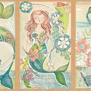 Retired 2017 MERMAID DAYS Fabric Panel 24" L x 42" W 3 Blocks Mermaids Turquoise Coral Pink Green Reading Book Fish Out of Print oop