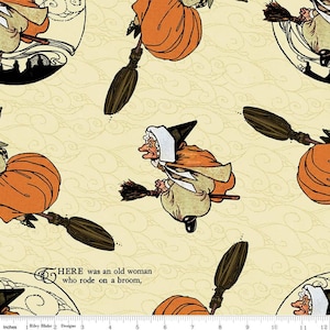MOTHER GOOSE TALES J. Wecker Frisch Witch on Broom Nursery Rhymes Halloween Quilting Fabric Coordinate Cream Orange Black