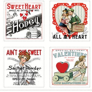 6 blok ALL MY HEART Valentijn paneel 23 x 42 inch J. Wecker Frisch Vintage jaren 1920 Valentijnsdag quilt pleinen oude reclame gepensioneerd