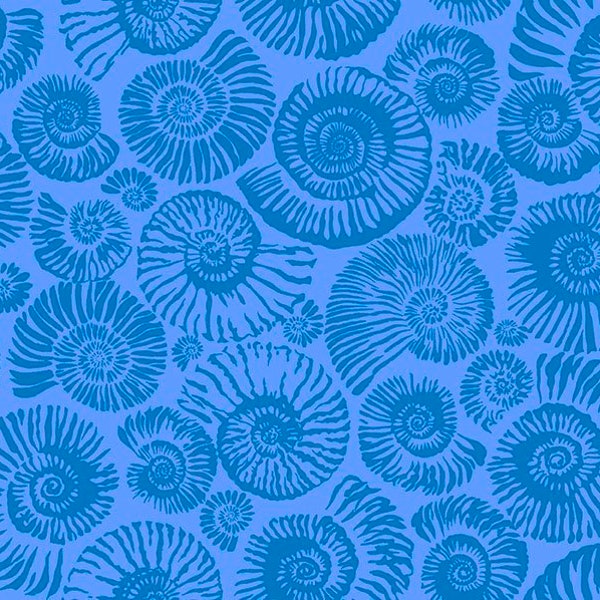 Retired AMMONITES Philip Jacobs Snow Leopard Arcadia Free Spirit Cotton Fabric Ocean Cobalt Blue Fossils Sea Shells Out of Print oop