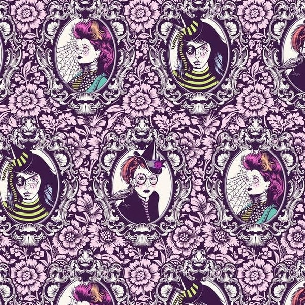 Deja Vu NIGHTSHADE MINI COVEN Tula Pink Cotton Quilt Fabric Nerium Purple Von Black Sisters Witches Halloween Small Cameos Floral