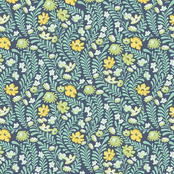 Retired Tula Pink EDEN WILDFLOWER Cotton Quilting Fabric Fat Quarter Sapphire Navy Blue Turquoise Yellow Floral Out of Print oop