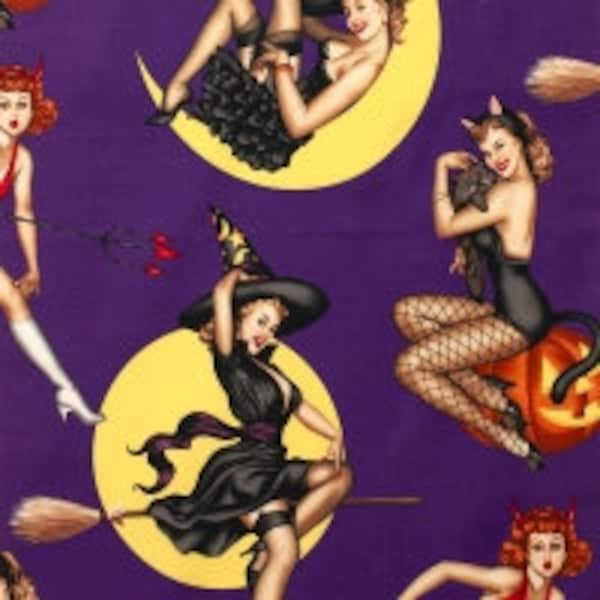 BEWITCHED HALLOWEEN Purple Cotton Quilting Fabric Alexander Henry Sexy Pin-Up Costumes Black Cat Witch Devil Moon