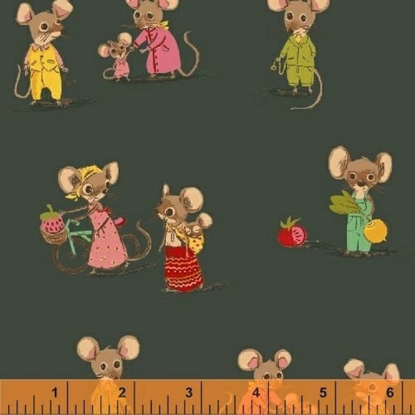 Retired TRIXIE and THOMAS Country Mouse City Mice Main Print Heather Ross Fabric Quilting Cotton Dark Green Pink Yellow Red