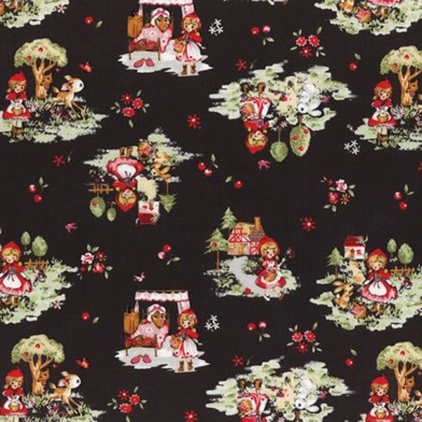 FQ  or More LITTLE HEROINES Red Riding Hood Vignette Lecien Fabric Quilting Cotton Fat Quarter Strawberry on Black Japan Kawaii Retro
