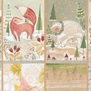 2017 WINTER NEWS Gatherers Christmas Fabric Panel 12&quot; L x 42&quot; W Cori Dantini 8 Small Quilt Blocks Raccoon Fox Polar Bear Partridge Pear Tree