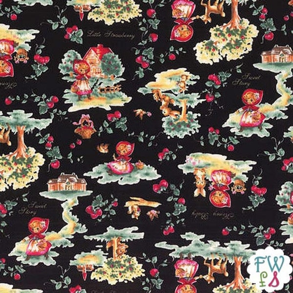 FQ  or More LITTLE HEROINES Red Riding Hood Forest Lecien Fabric Quilting Cotton Fat Quarter Strawberry on Black Japan Kawaii Retro