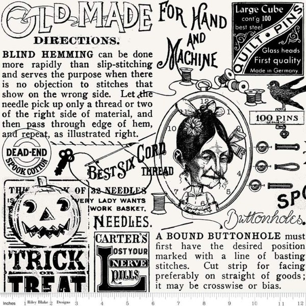 J. Wecker Frisch OLD MADE Newspaper Text Off White Old Maid Vintage Style Newspaper Advertising Sewing Themed Halloween Quilting Fabric