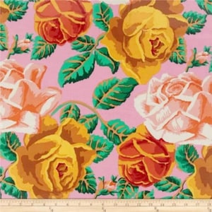 Tecido de quilting floral de algodão Kaffe Fassett RUSSIAN ROSE aposentado Rosa Pêssego Laranja Ferrugem Verde Flores Philip Jacobs Fora de catálogo oop